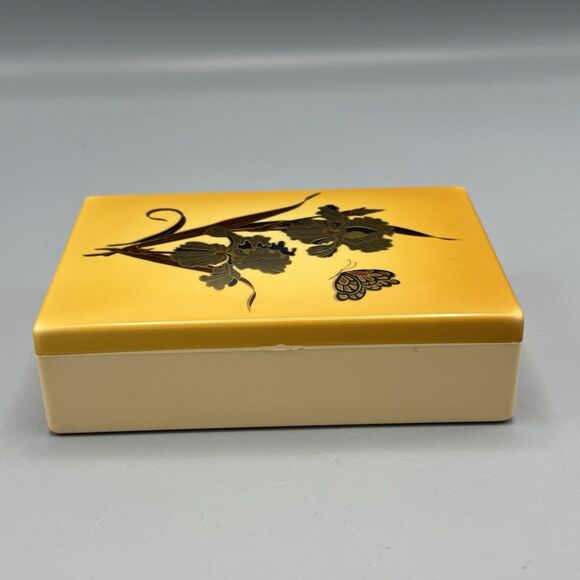 Plastic Celluloid Vanity Trinket Box Rectangle Yellow Irises Butterfly Kitschy - Picture 7 of 11